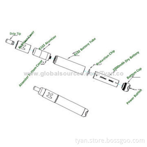 3.5mL Capacity Vaporizer K102 2,000mAh Battery E-Cig with 3 to 5 Hours Charging Time